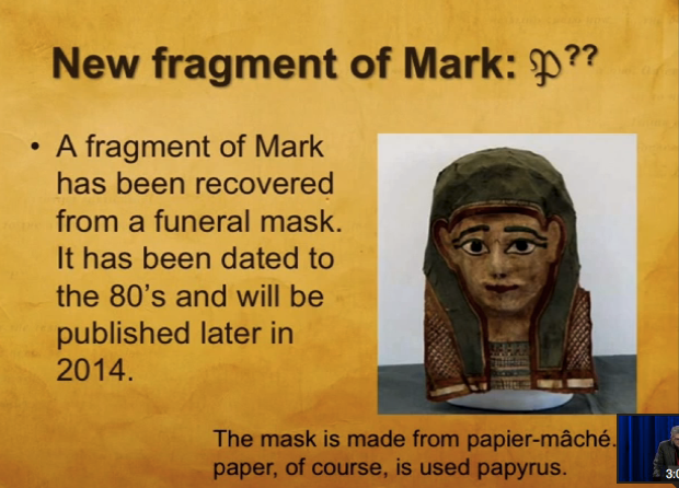 A slide Dr. Craig Evans used in his presentation that states a date for both the manuscript of Mark and its forthcoming publication.