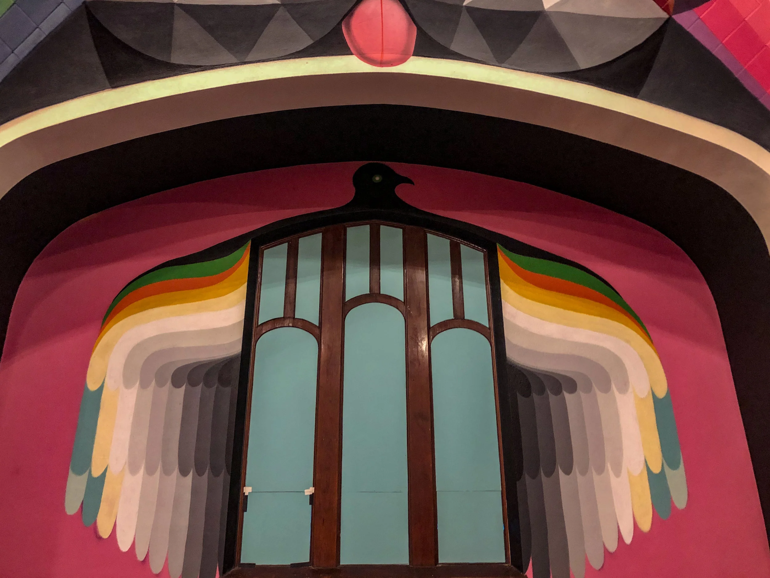 Okuda San Miguels grayscale artwork above the soundboard