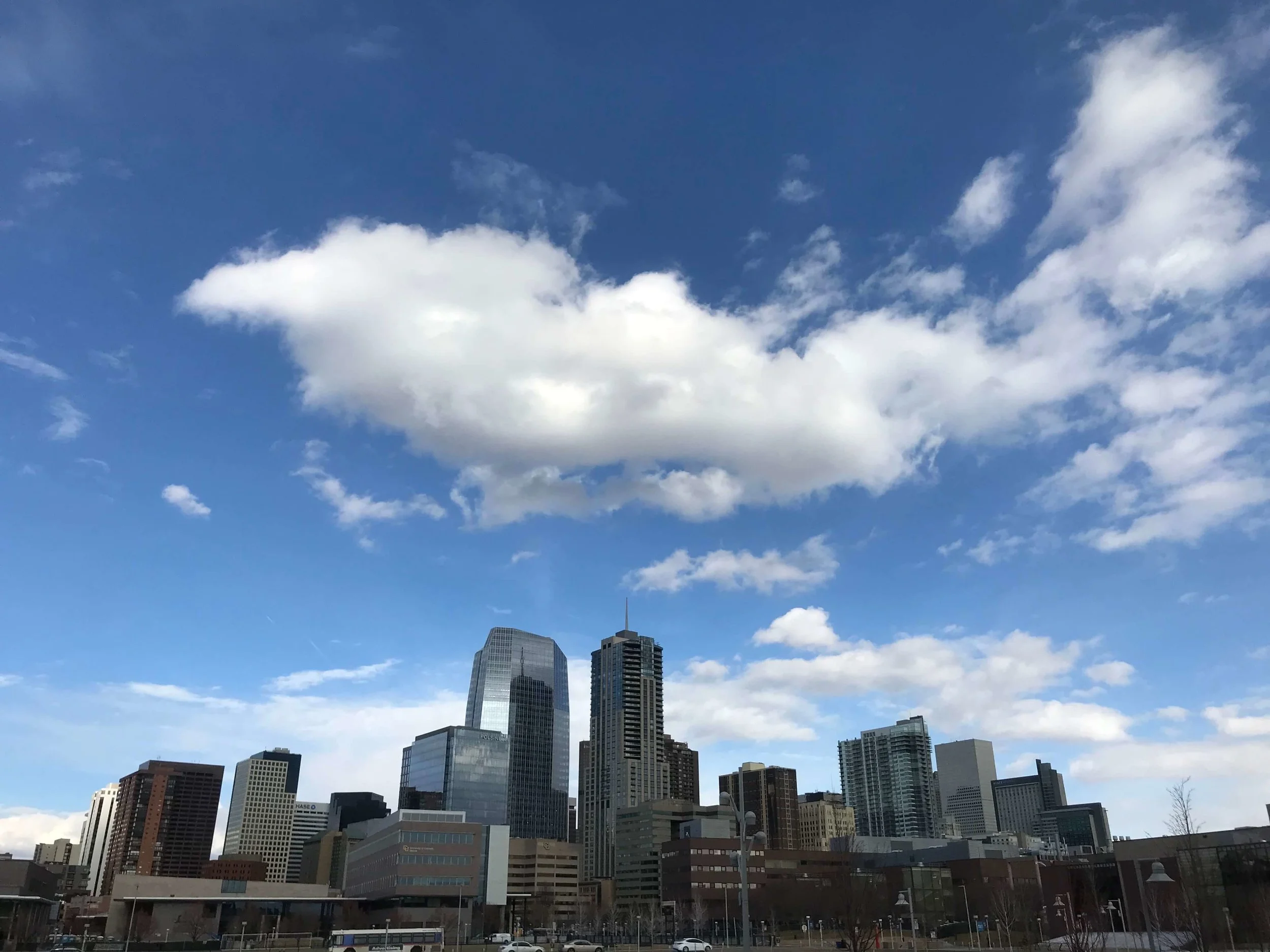 View of Denver skyline from Tivoli Brewing Company.
