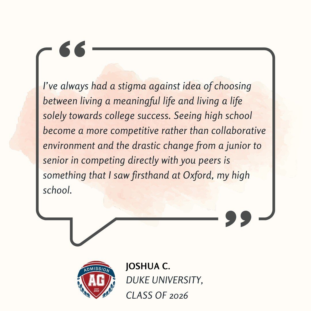 &quot;I&rsquo;ve always had a stigma against idea of choosing between living a meaningful life and living a life solely towards college success. Seeing high school become a more competitive rather than collaborative environment and the drastic change