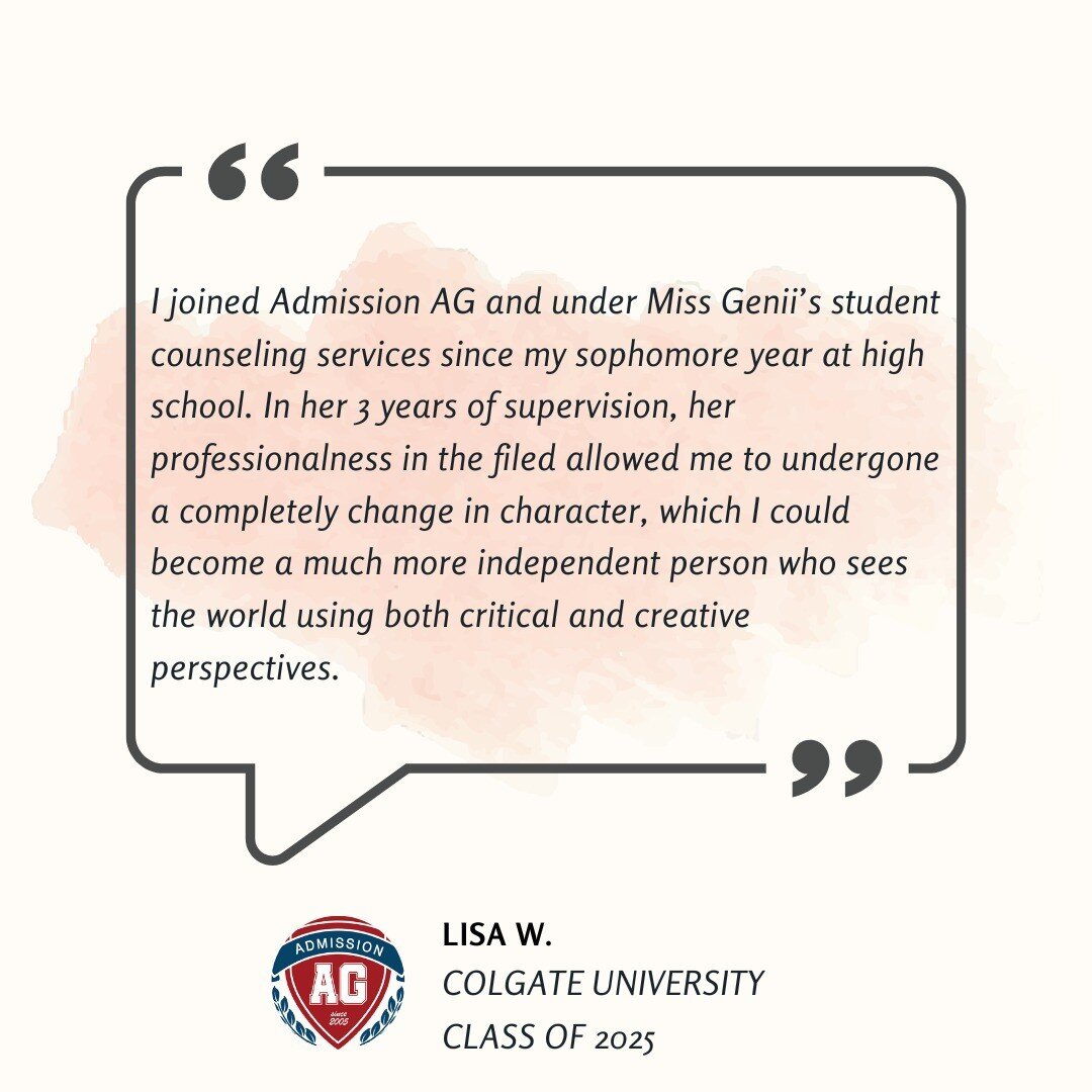 &quot;I joined Admission AG and was under Miss Genii&rsquo;s student counseling services since my sophomore year at high school. In her 3 years of supervision, her professionalness in the field allowed me to undergo a complete change in character, wh