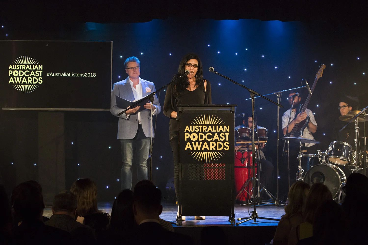 Dating Upside Down's Alison Tinderland accepting the 2018 Newcomer of the Year Award.