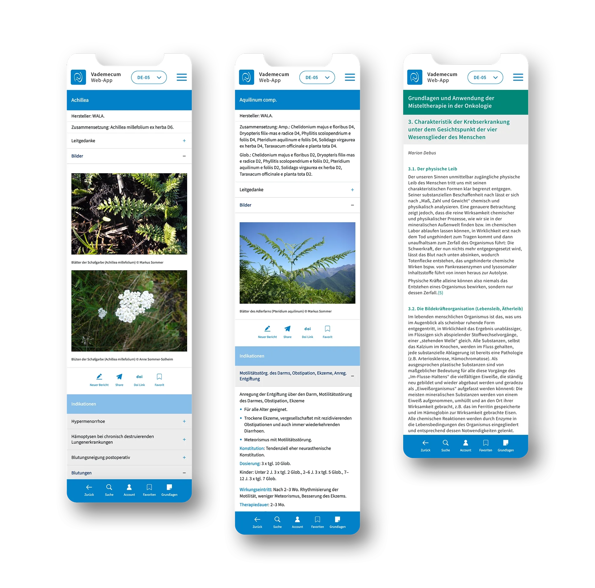Vademecum Web-App – Indikationsregister und Schnellzugriffsleiste, UI Design