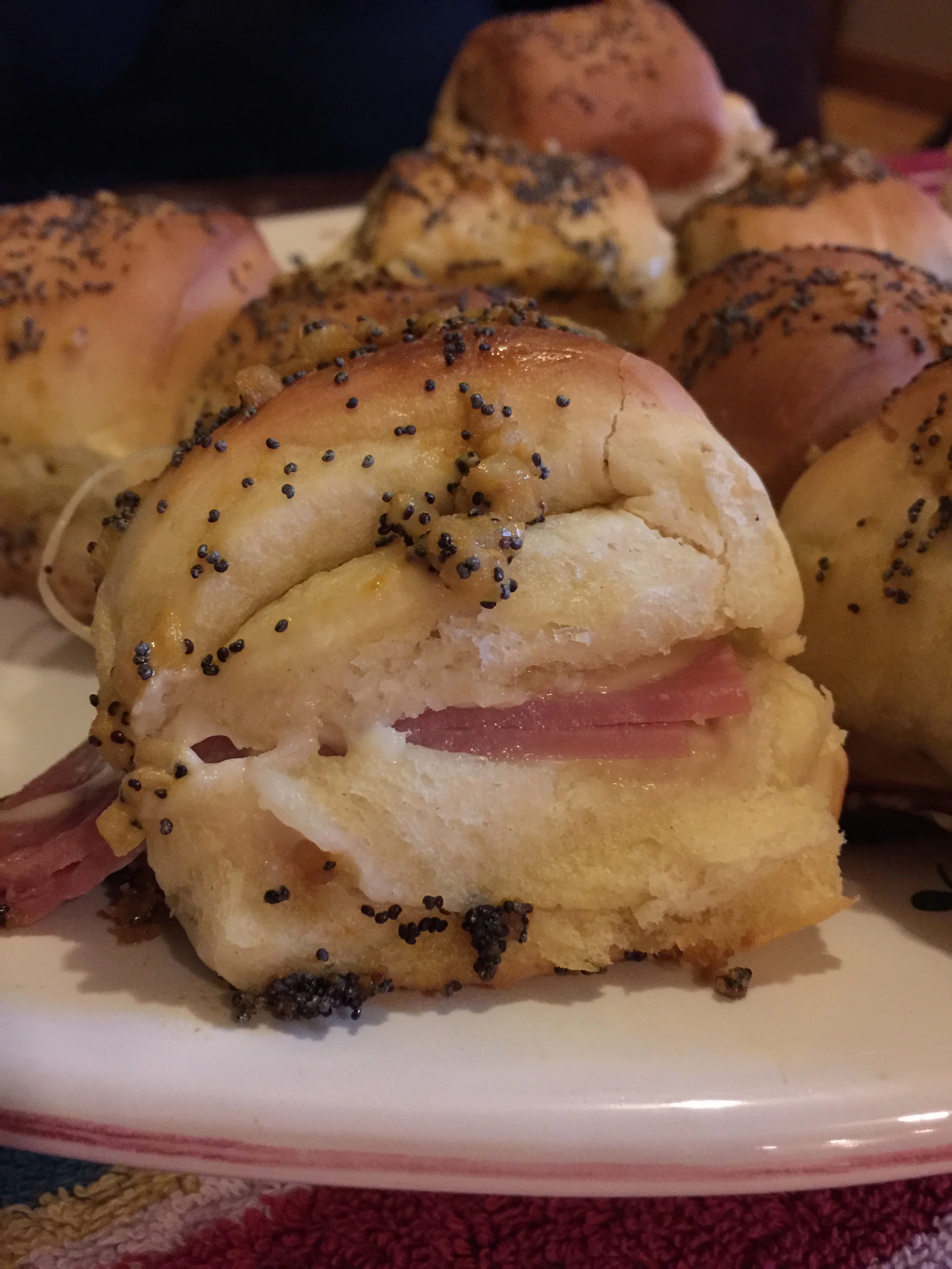 Honey Ham and Swiss with Honey Mustard Sauce on homemade ' Amazing Dinner Rolls '.