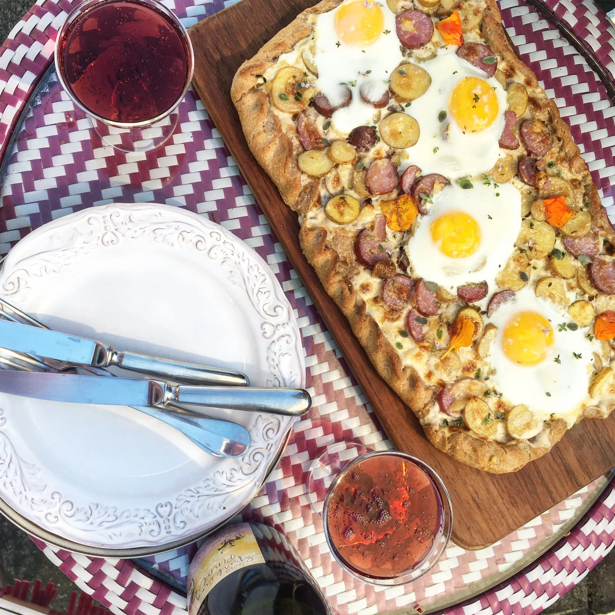 potato cream and farm egg brunch pizza for two