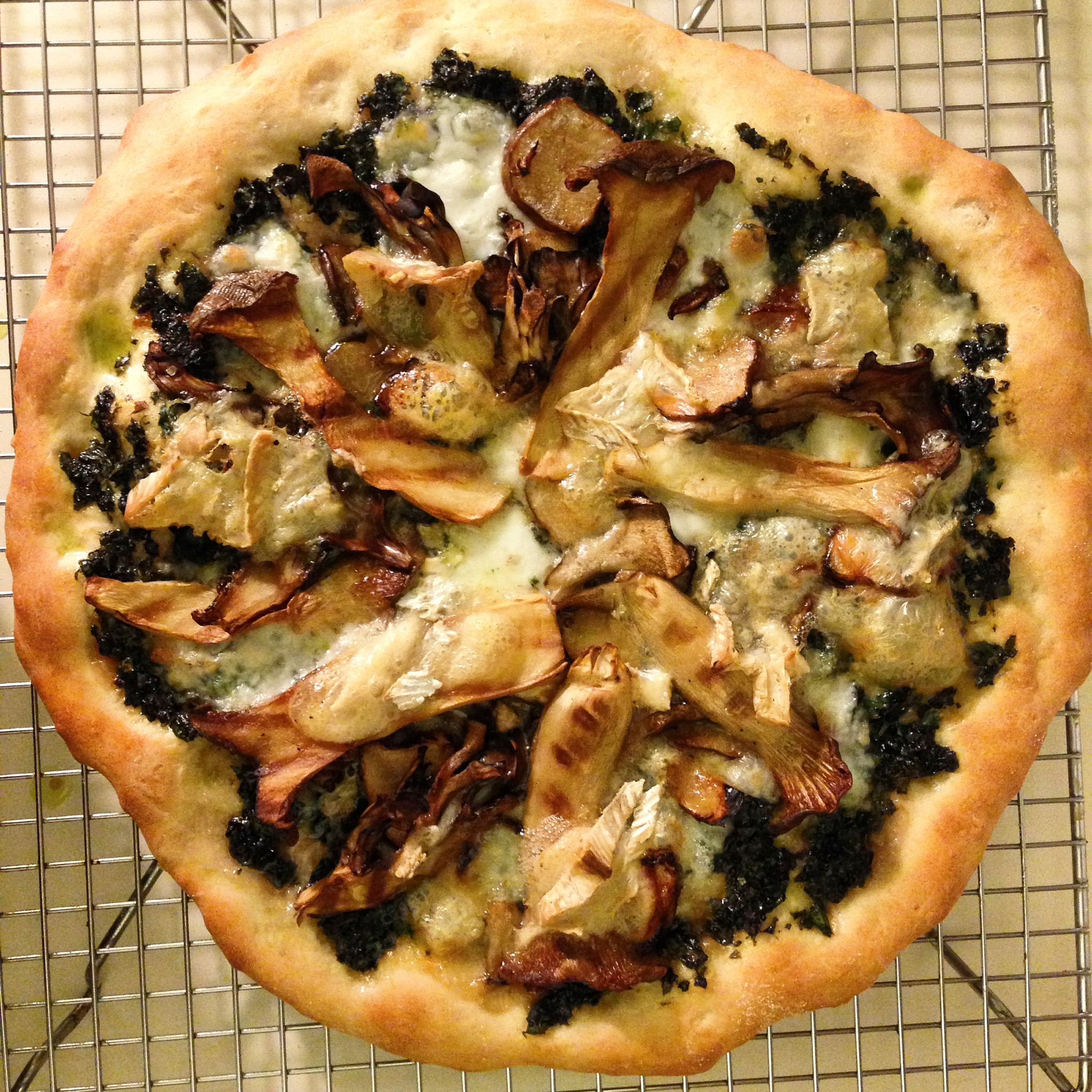 king trumpet, broccoli pesto, and truffle brie pizza
