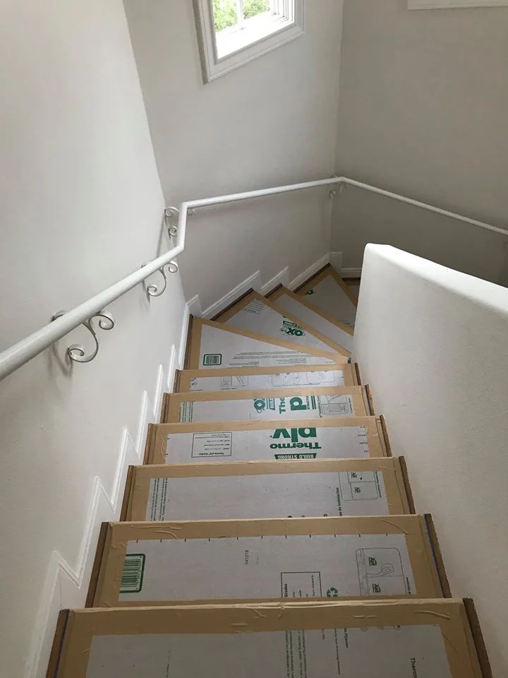 Here we have “Floor Protection” which is one of our recommended services provided to homeowners while “Interior Selective Demolition” takes place inside. This particular home has floor protection starting at the front door and extends upstairs entering two different bathrooms (both of which are under interior selective demo). 
