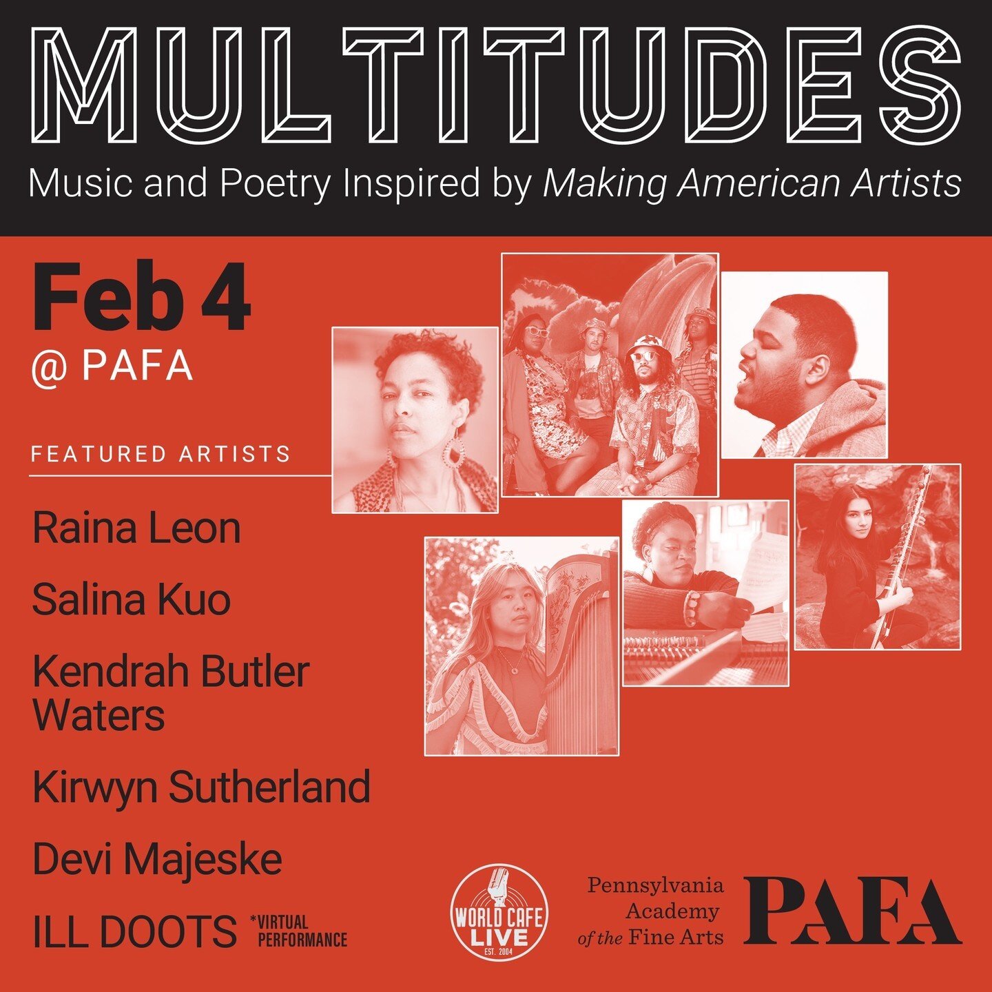 Experience the powerful combination of music and poetry with Multitudes: Music and Poetry inspired by Making American Artists. Don't miss ILL DOOTS' featured performances on February 4th, 16th, March 8th, and 18th.

 #illmovement #MakingAmericanArtis