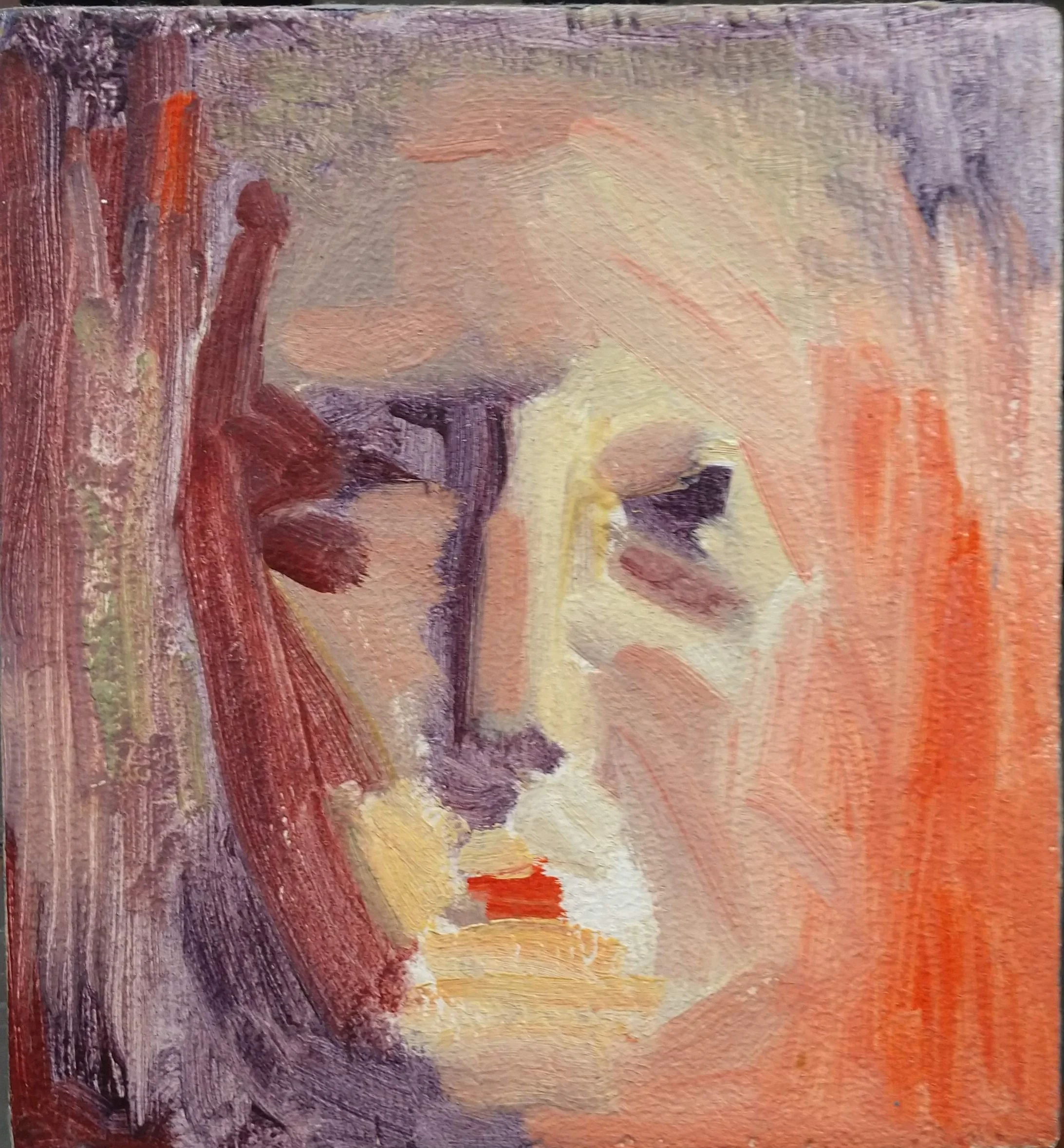 Self-portrait (oil on wood) 6 3/8" x 7"