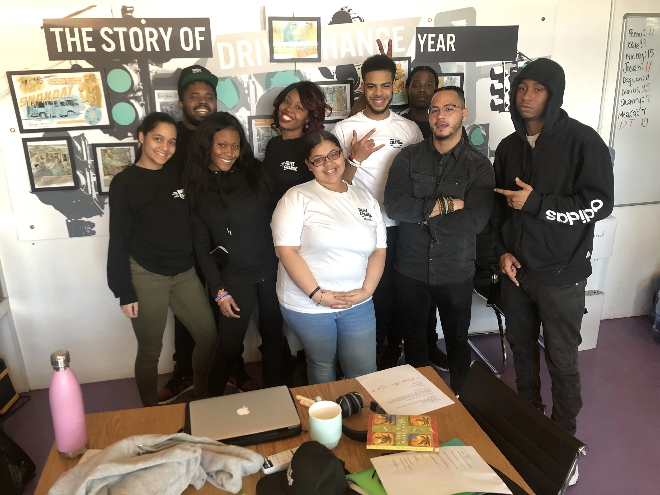 Vidal Guzman doing a workshop at Drive Change NYC with their cohort. Drive change NYC mission is to foster an environment for returning citizens to learn the tools to succeed in the food service industry and become leaders in their community. Drive Change uses the food truck and hospitality industry to run a premiere paid-fellowship for returning citizens ages 18-25 years old.