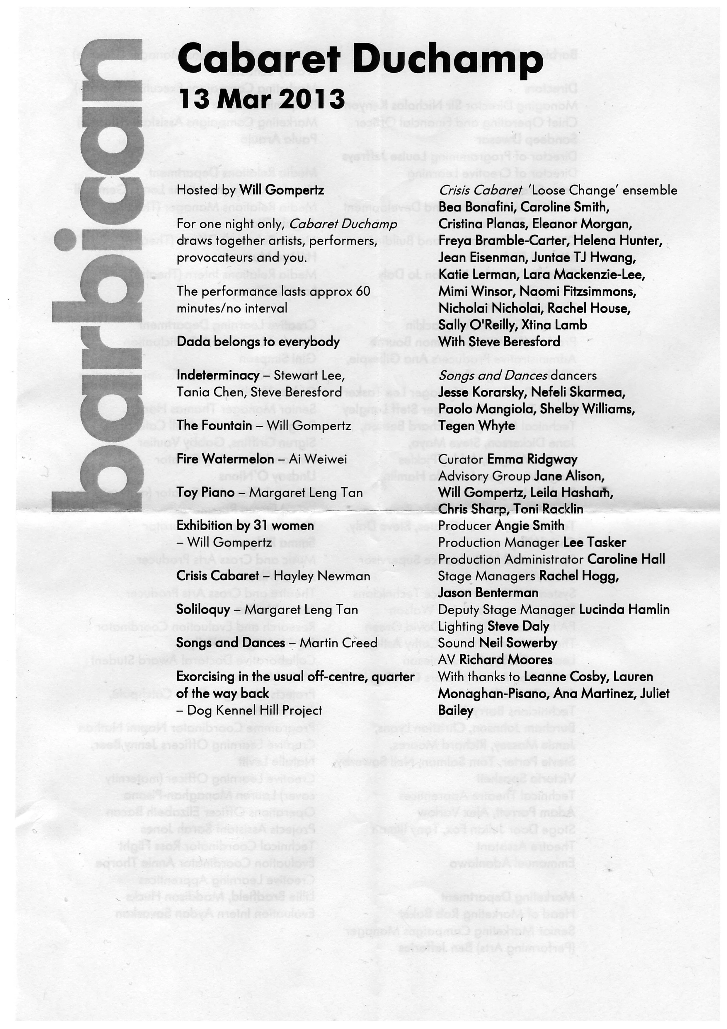 Barbican programme for Cabaret Duchamp in which Hayley Newman’s Crisis Cabaret is listed