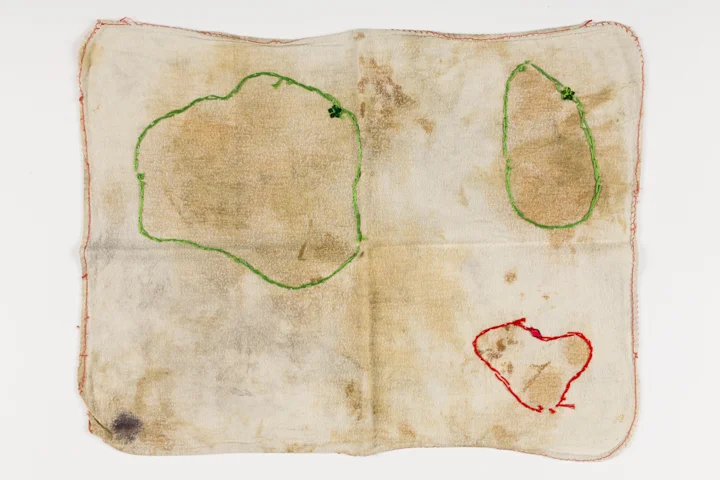 Soiled dishcloth with three irregular circles sewn in red and green cotton