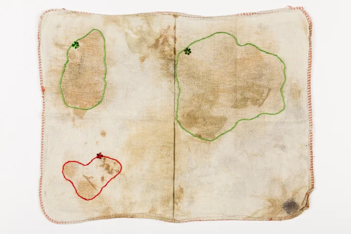 Soiled dishcloth with three irregular circles sewn in red and green cotton