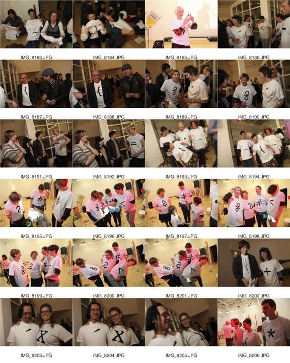 24 thumbnails of photographs documenting Hayley Newman’s performance with people wearing white t-shirts with large black punctuation symbols 