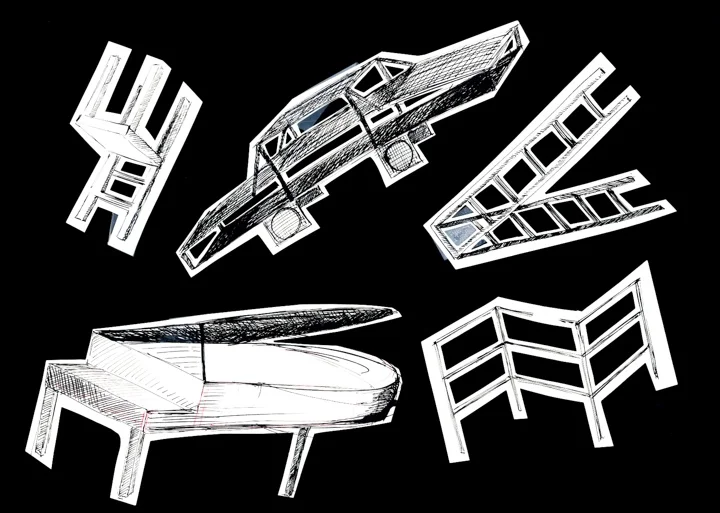 A black and white drawing of everyday objects including a chair, a car, a piano, a ladder