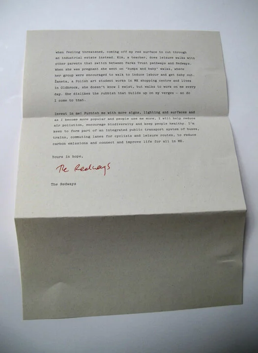 A job application letter, the applicant is a network of shared use pathways which has the signature - The Redways 