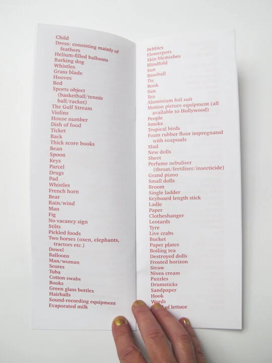 A tall narrow publication with a list of words on each page, words include Ticket, Keys, Parcel, Bear, Rain/wind, Fig