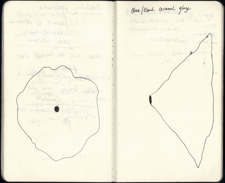 Notebook pages show a simple line drawing of a volcano in plan and elevation views