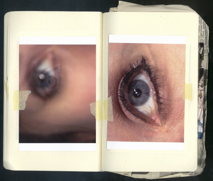 Notebook pages show close-up photos of Hayley Newman’s eyes