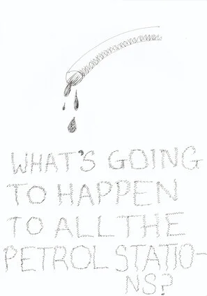 Drawing of a dripping pipe with the words - what’s going to happen to all the petrol stations?