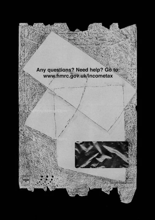 Envelope with rubbing of a texture and the words - Need help? Go to HMRC website with URL