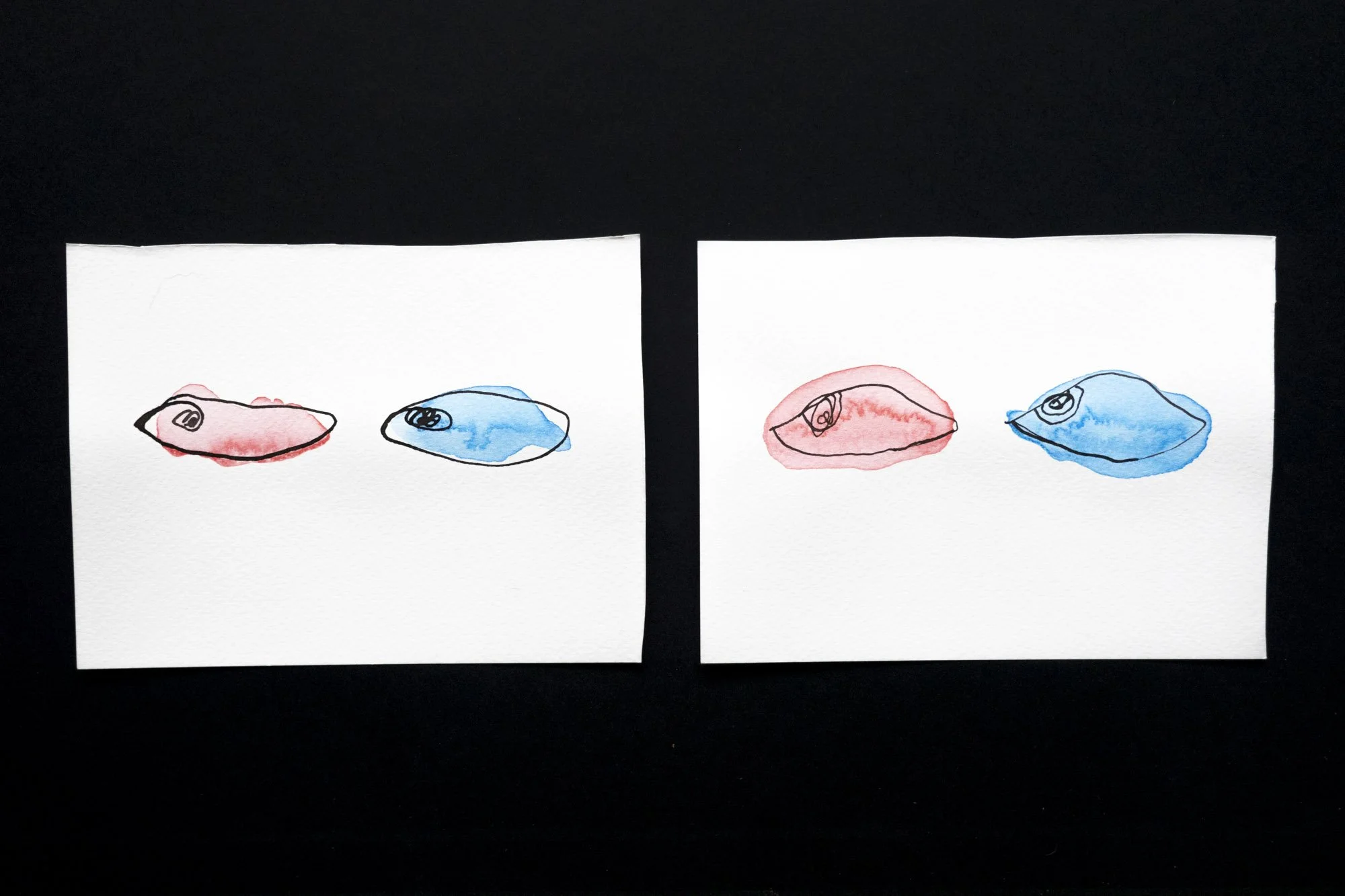 2 separate ink drawings of pairs of eyes