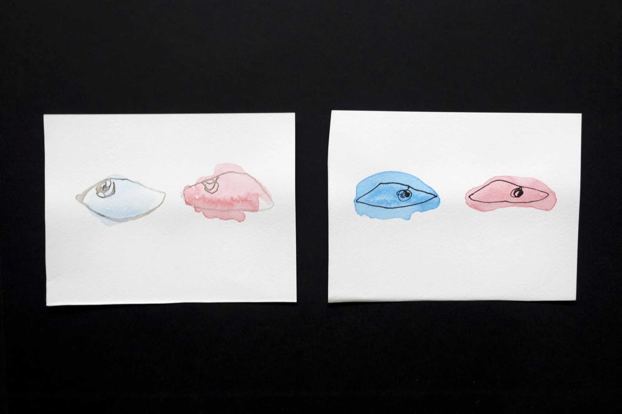 2 separate ink drawings of pairs of eyes