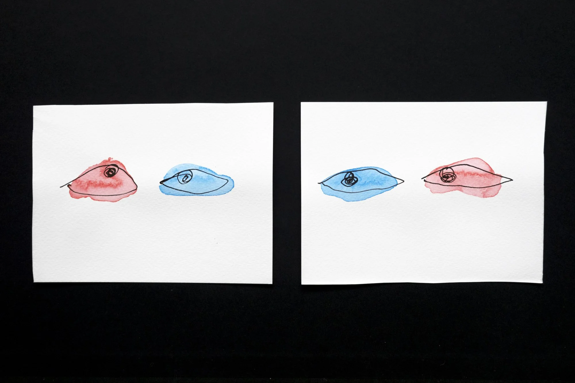 2 separate ink drawings of pairs of eyes