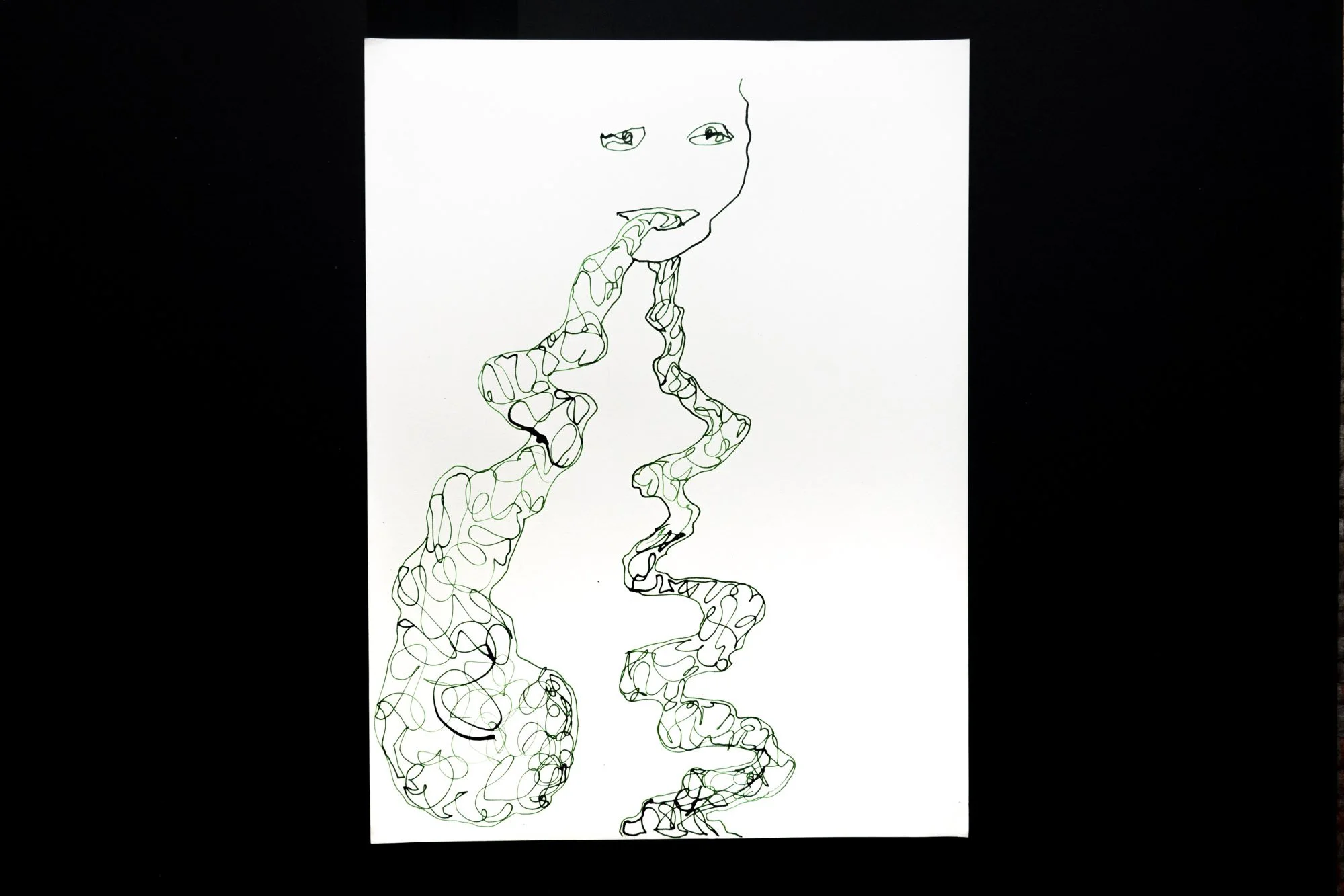 Green ink drawing of a face with green liquid issuing from its mouth