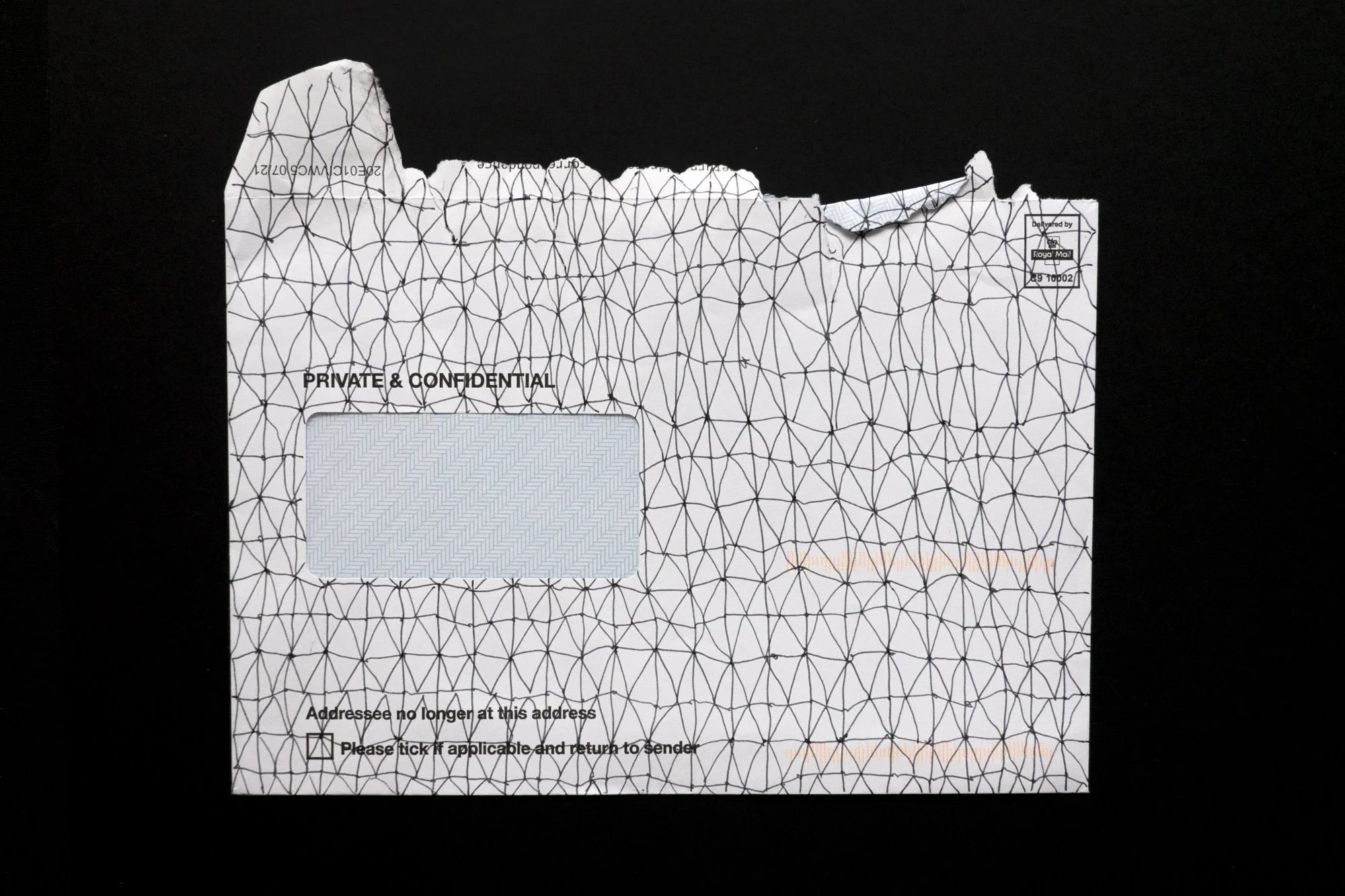 A white window envelope covered in a lattice of hand-drawn lines