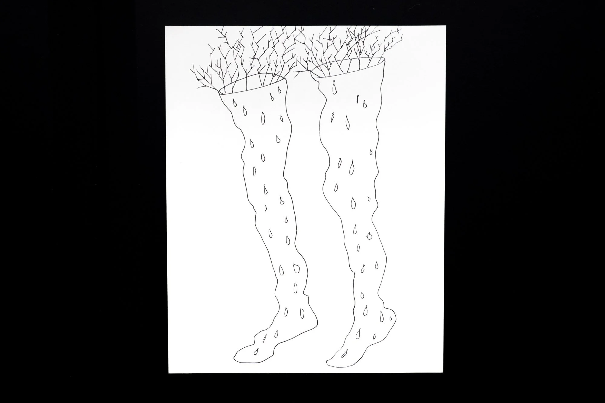 Ink drawing of two legs out of the top of which appear branch-like veins