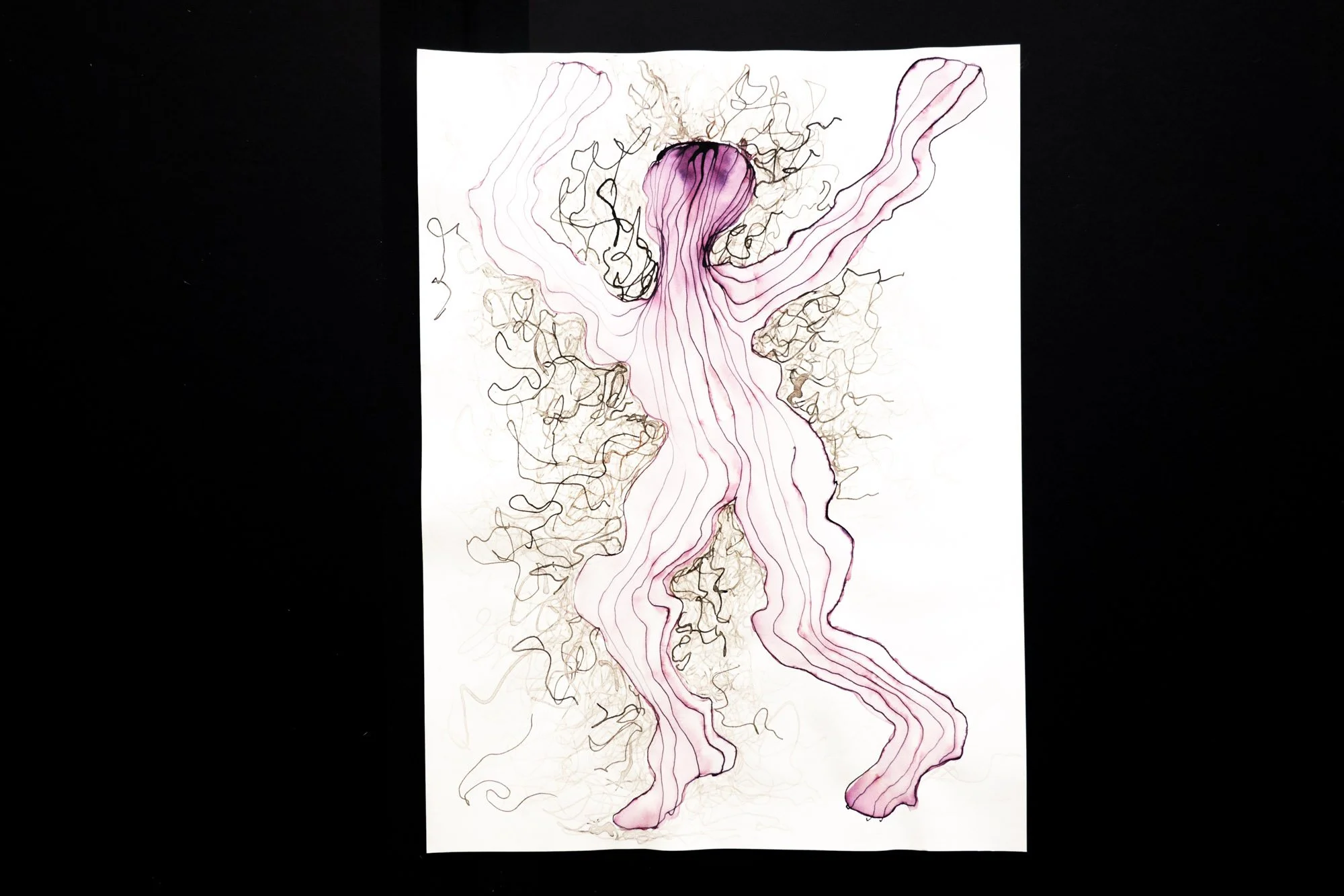 Ink drawing of a human figure wavering in a graphic representation of pain
