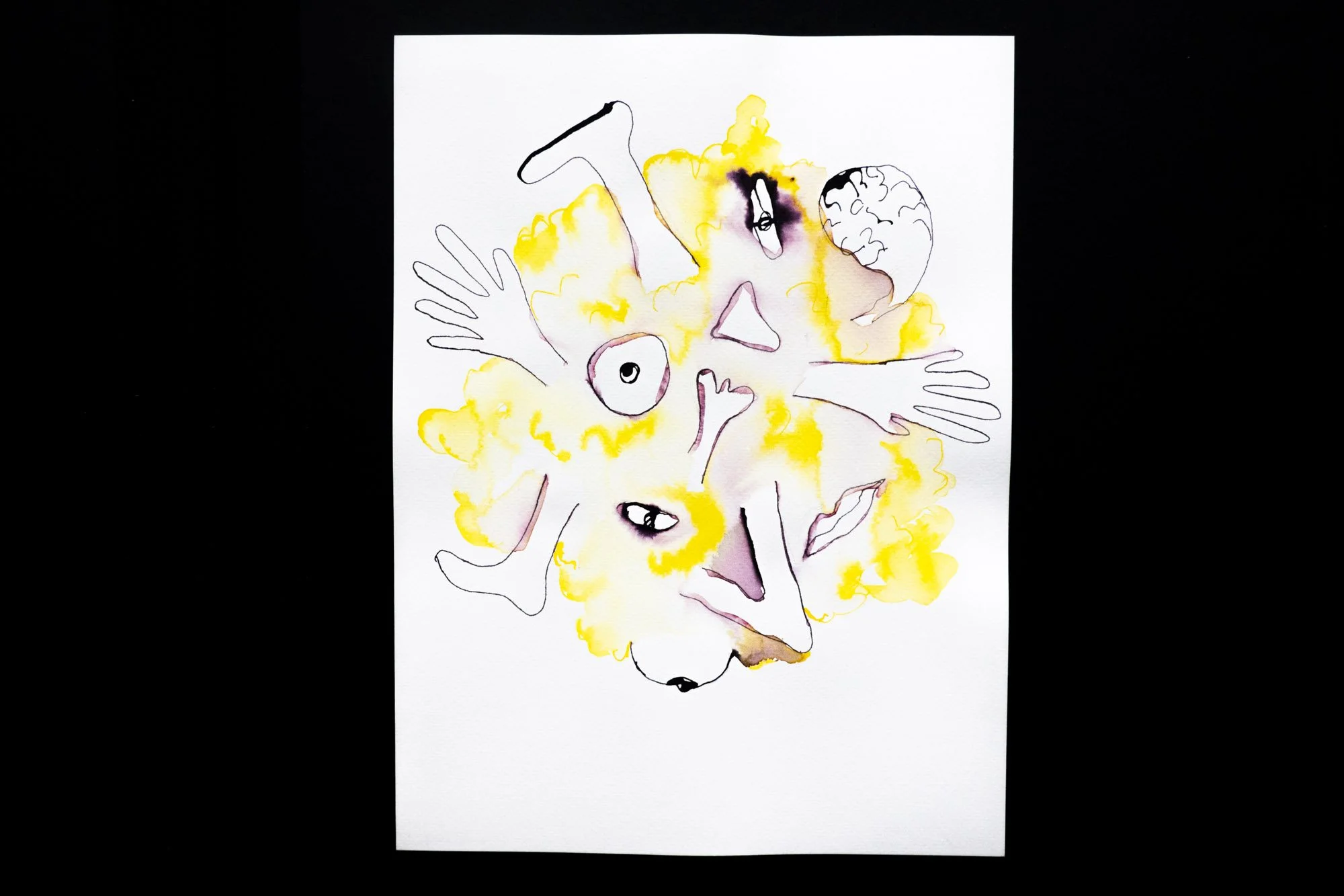 Ink drawing of a chaos of hands, eyes, brain, feet against a yellow background