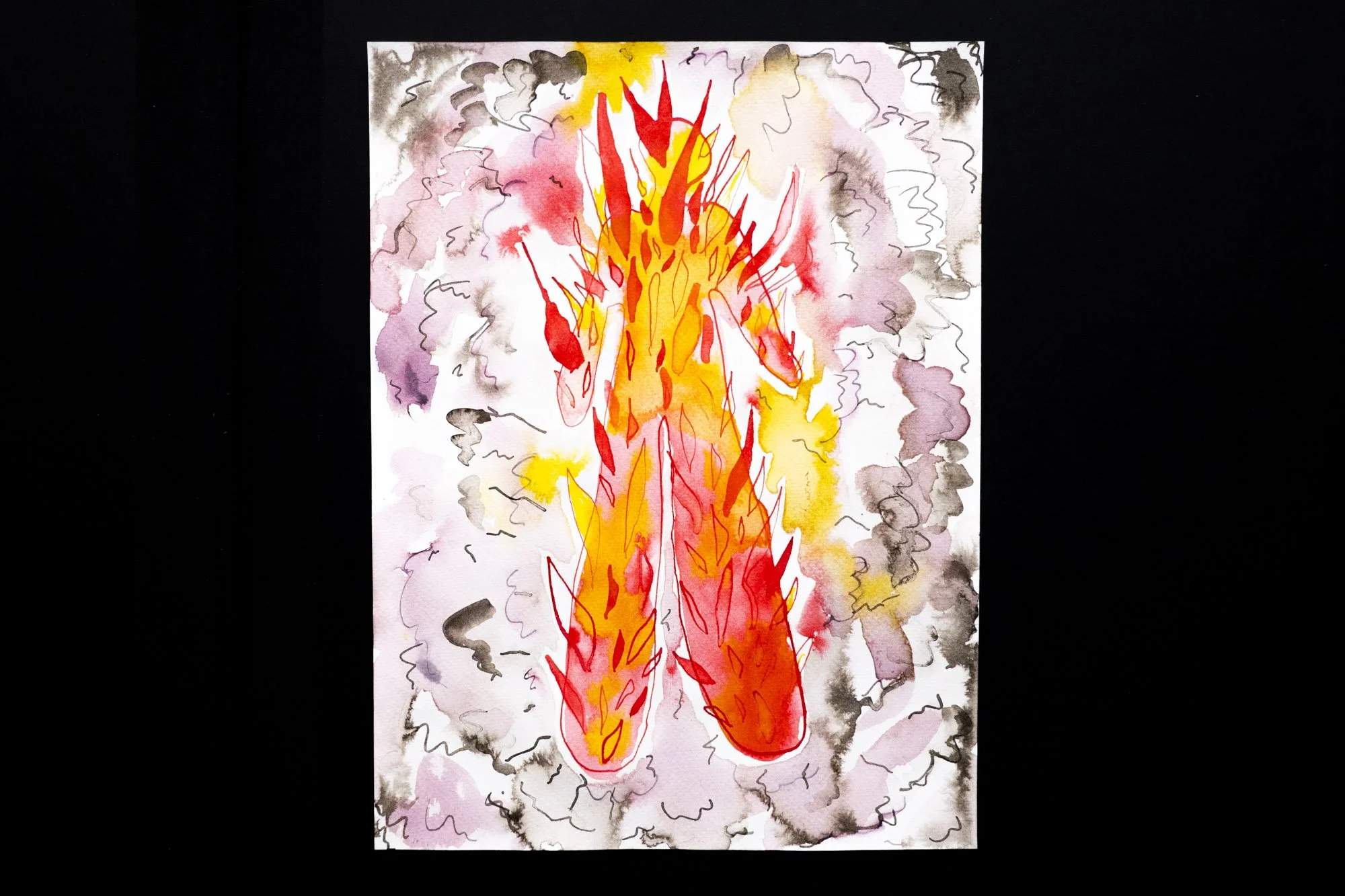 Ink drawing of a human figure from which red and yellow flames burn, surrounded by dark clouds