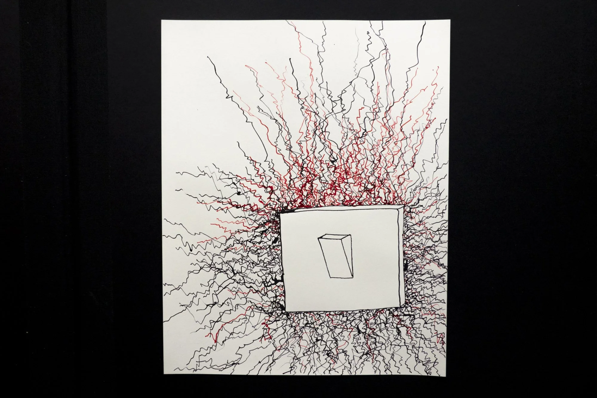 Ink drawing of a black light switch from which emanate a profusion of agitated red and black lines