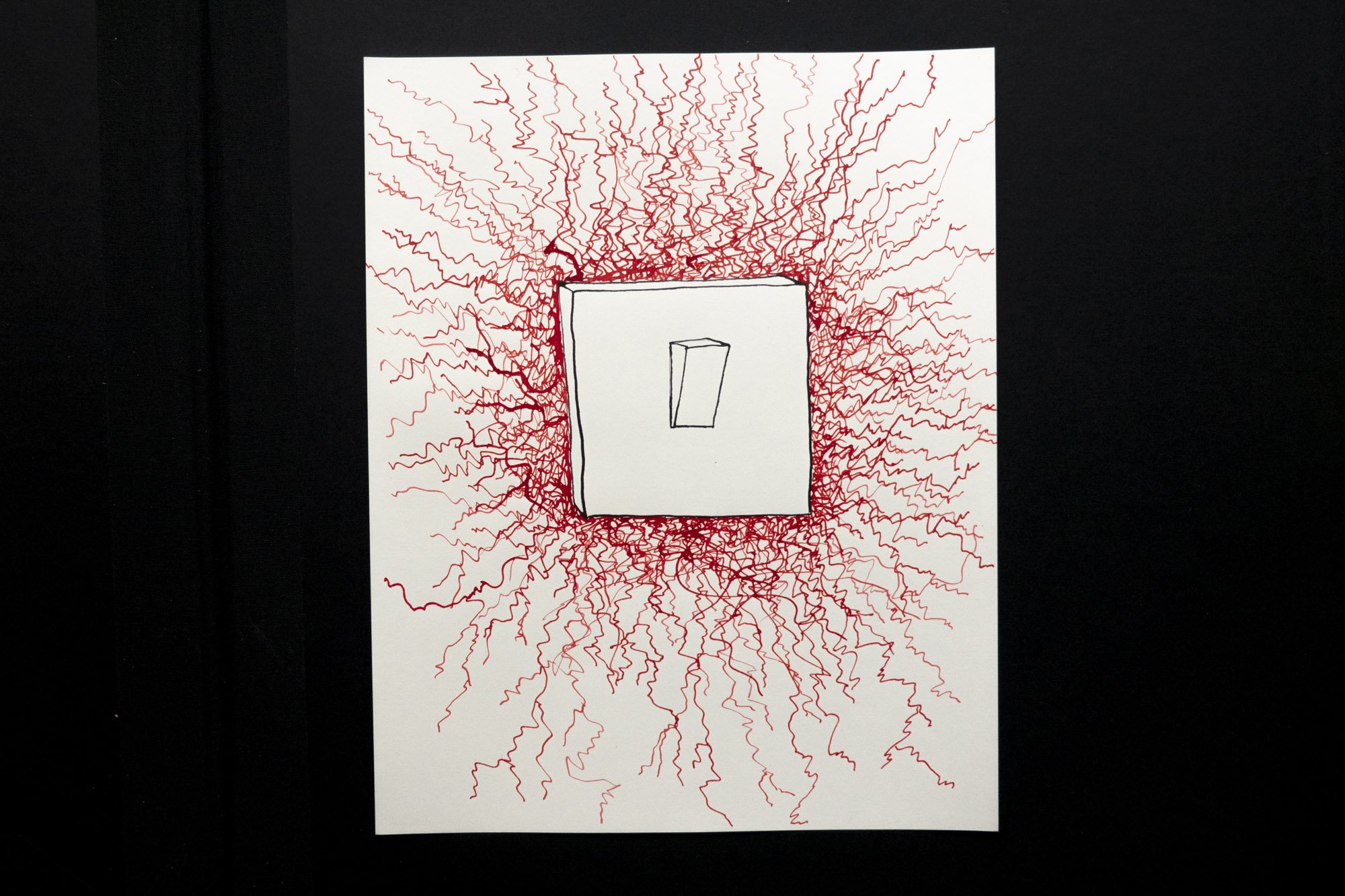 Ink drawing of a black light switch from which emanate a profusion of agitated red lines