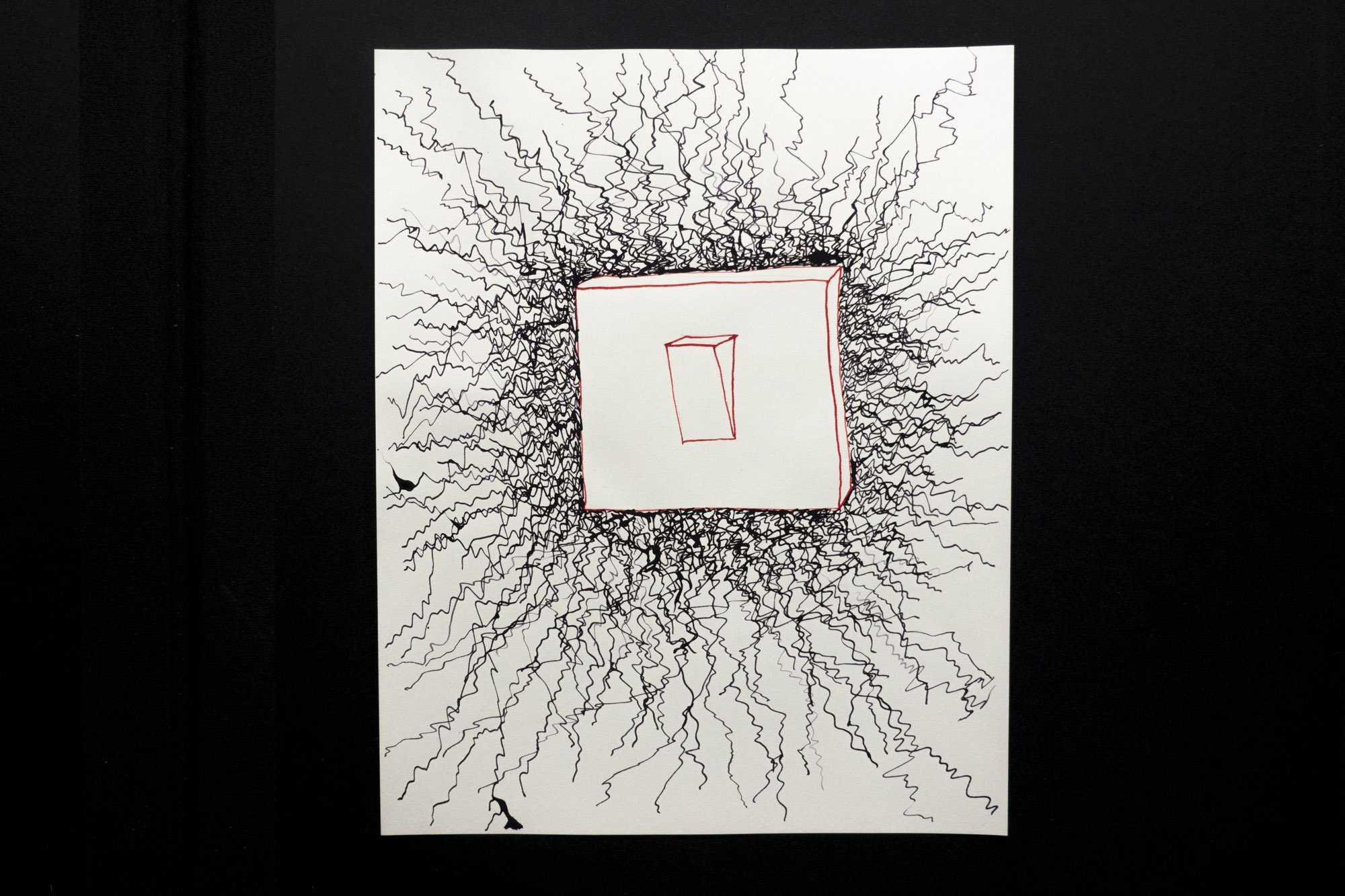 Ink drawing of a red light switch from which emanate a profusion of agitated black lines