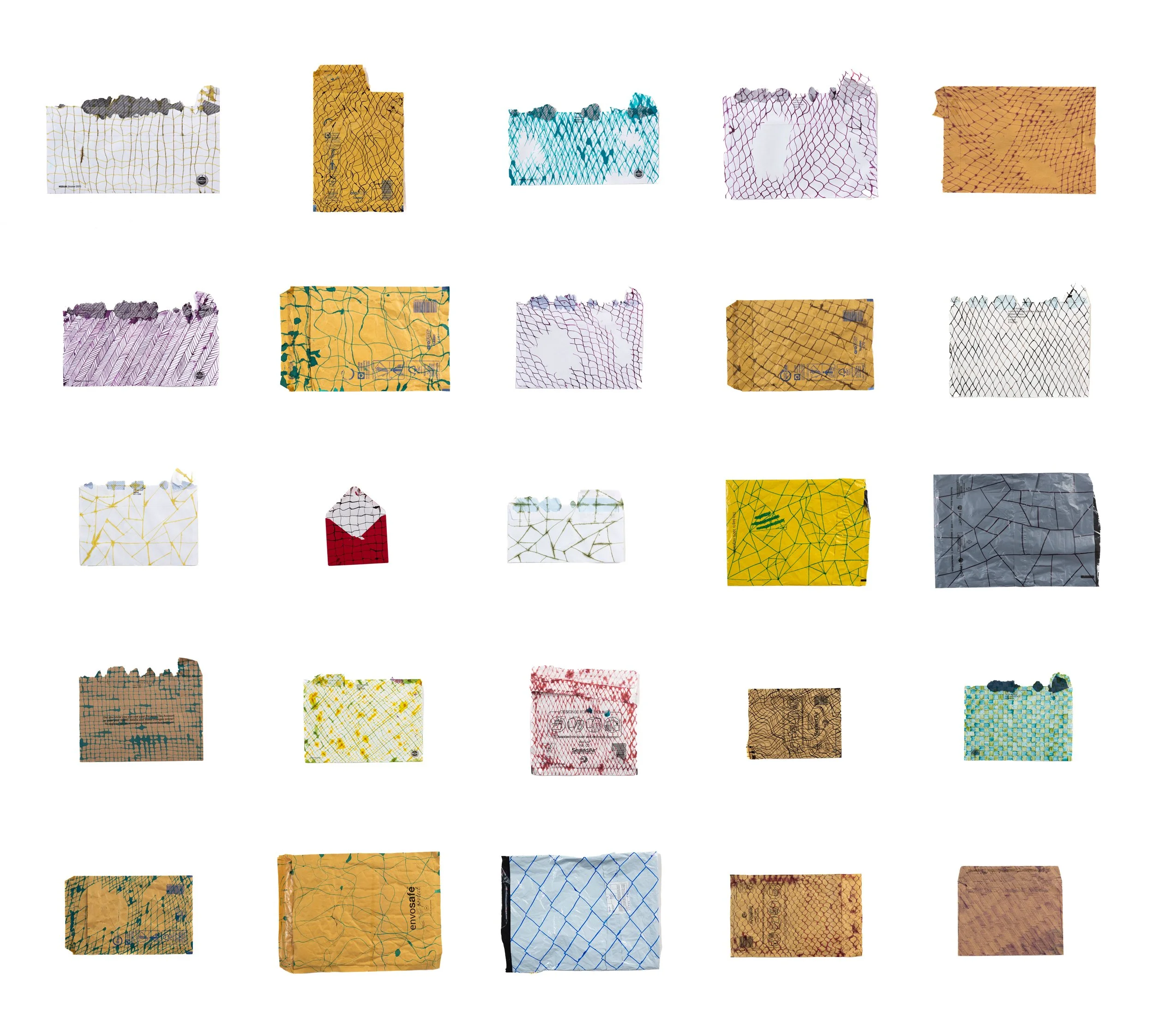 A grid of 25 used envelopes in different colours all covered in ink lattices of different types