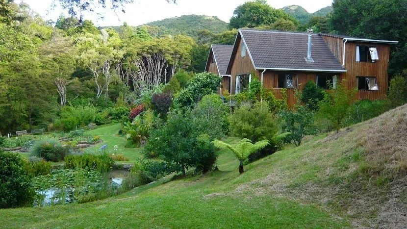The Main Buildings — Meditation Hall in the foreground, the Dining Hall in the background, and accommodation upstairs.