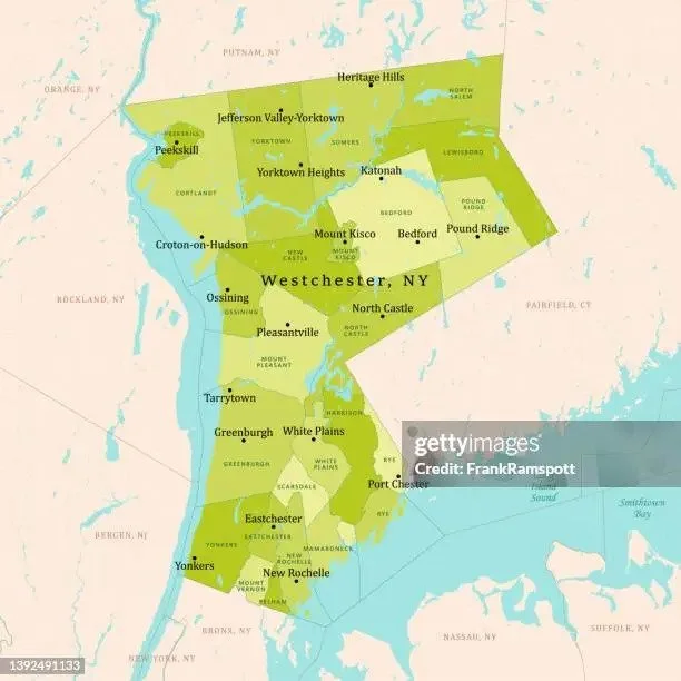 Westchester County 主要城镇与地理位置地图