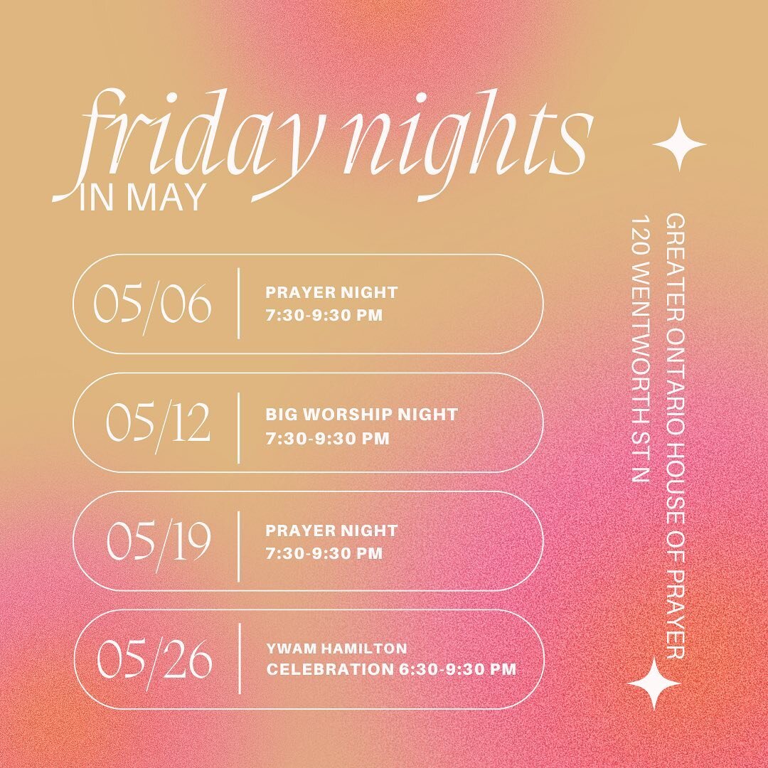 Grab your friends- Friday nights are starting every week again this month!! Prayer nights will involve mostly prayer with some acoustic worship. Our second Friday is a big worship night and our last Friday will be a celebration for YWAM Hamilton incl
