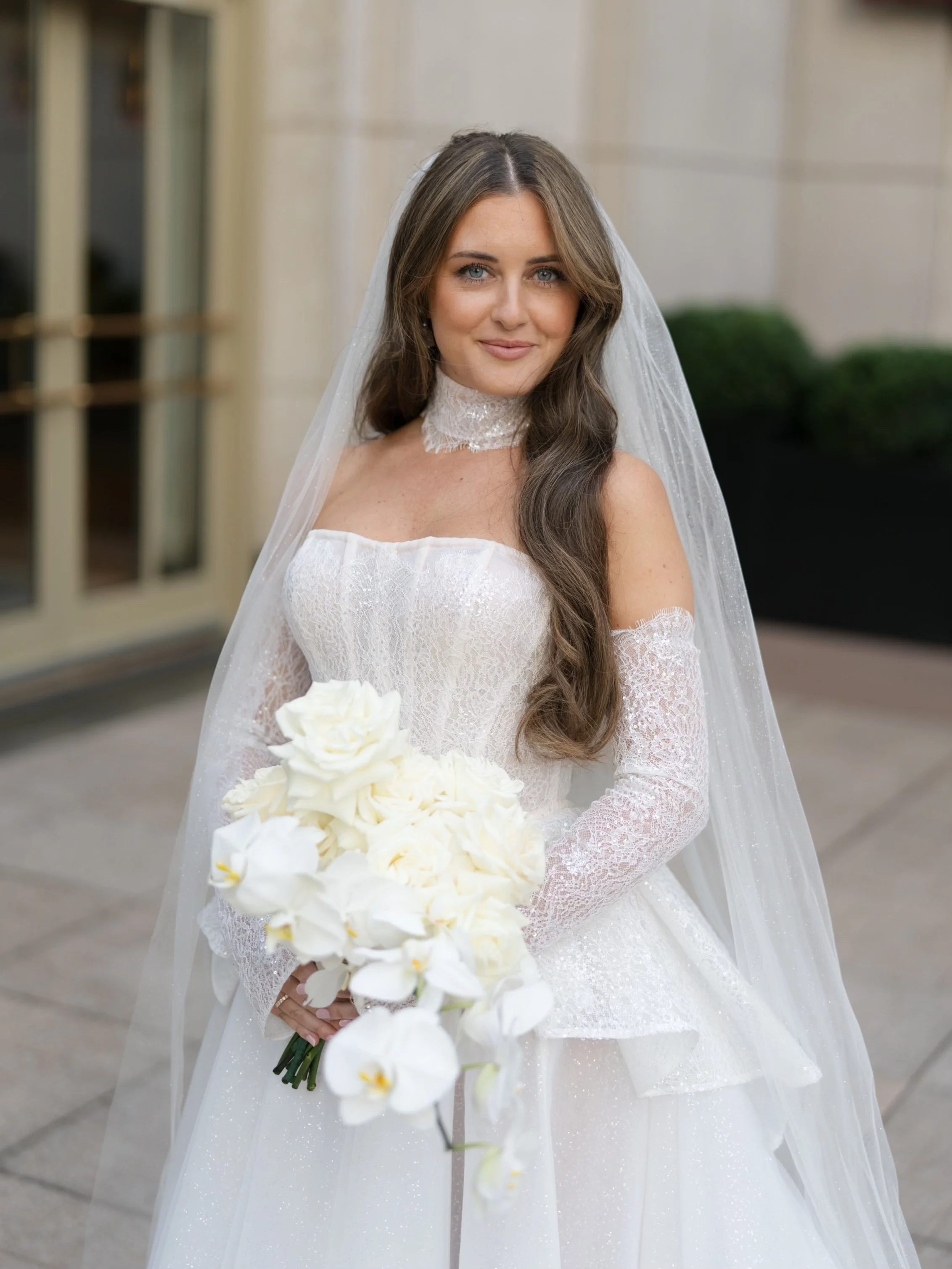 Bride portrait with natural airbrush makeup and cathedral veil