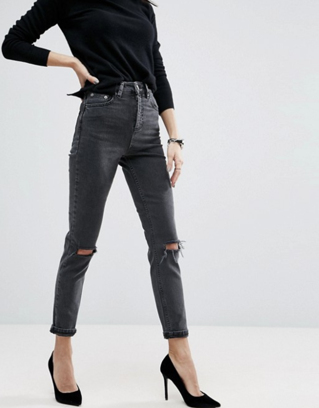 ASOS FARLEIGH High Waist Slim Mom Jeans In Washed Black With Busted Knees