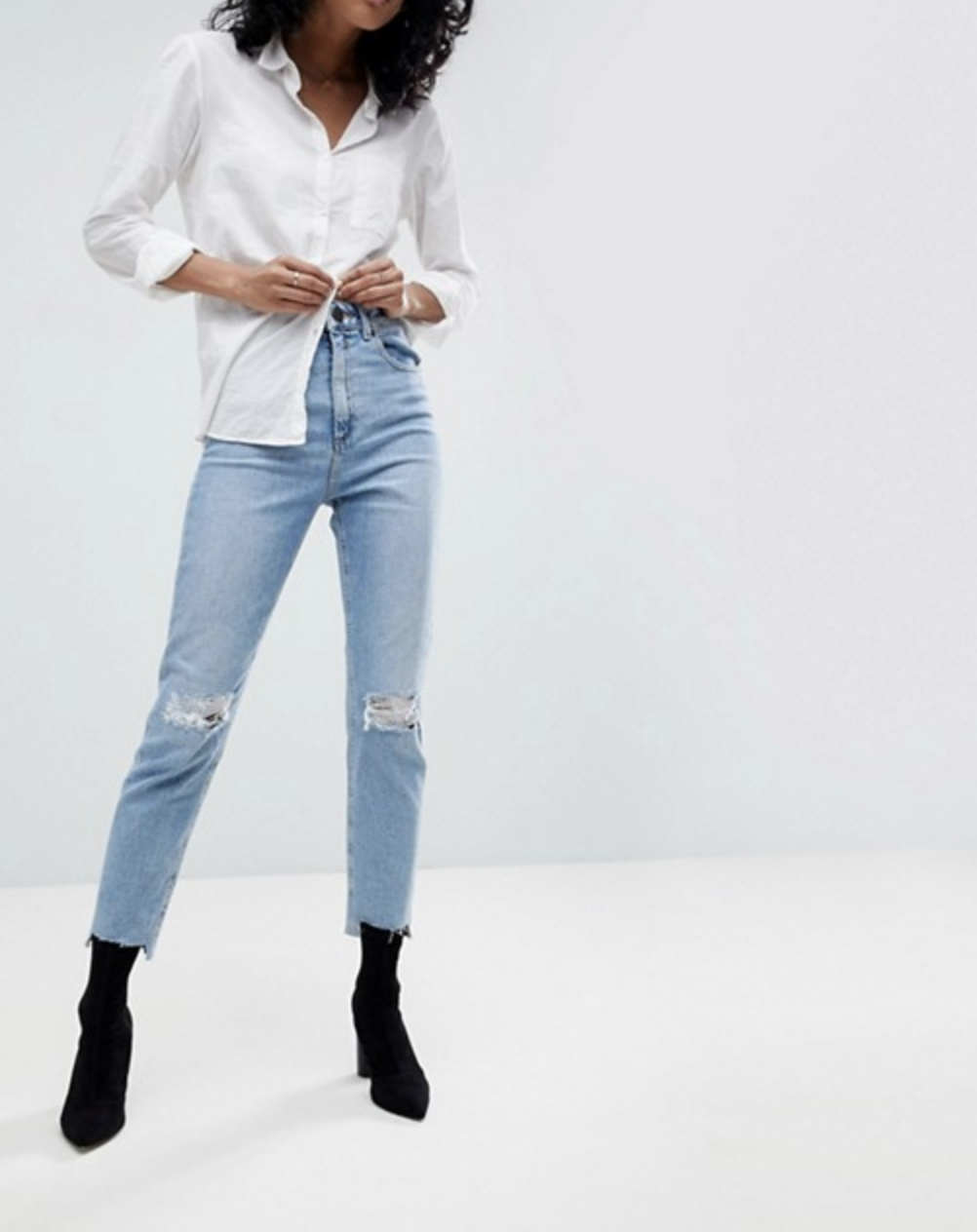 ASOS FARLEIGH High Waist Slim Mom Jeans In Zaliki Light Vintage Wash With Busted Knee And Rip & Repair Detail