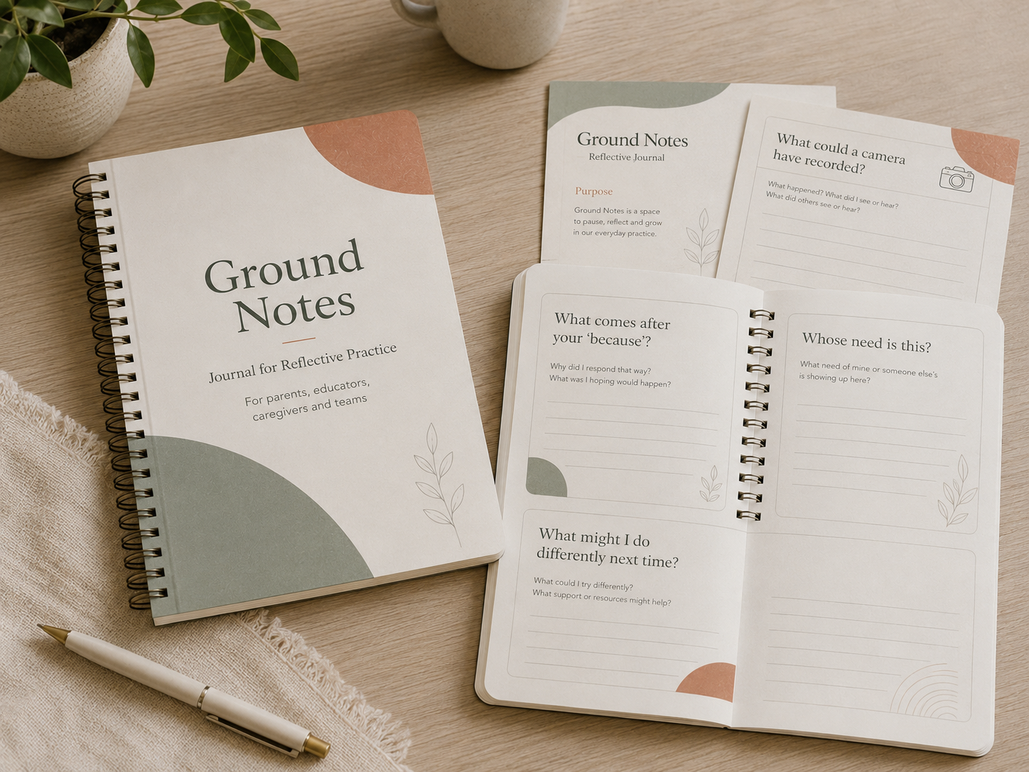 Open spiral-bound journal titled "Ground Notes" with sections for reflective practice, along with loose sheets and a pen on a wooden desk and potted plants nearby.