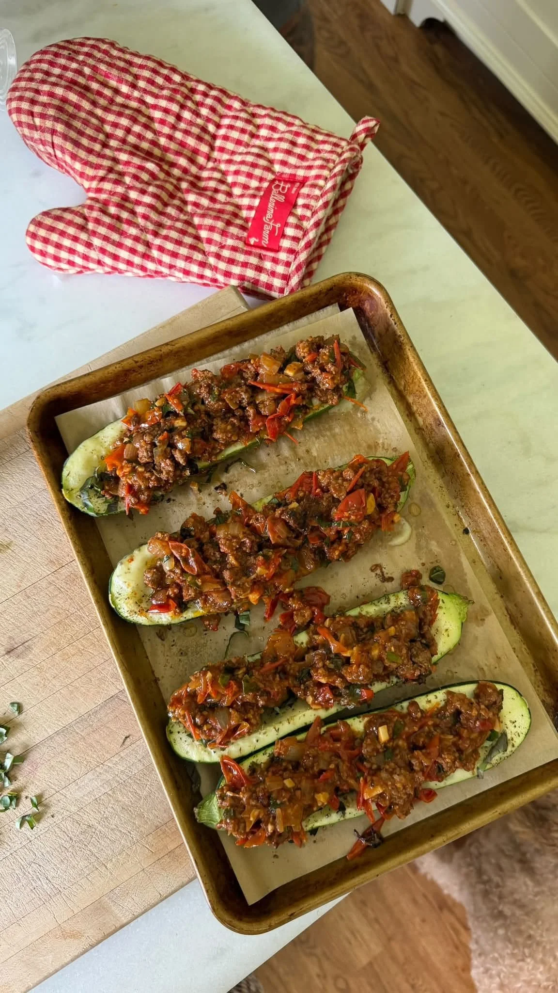 Fresh Cherry Tomato Basil Meat Sauce with Zucchini Boats