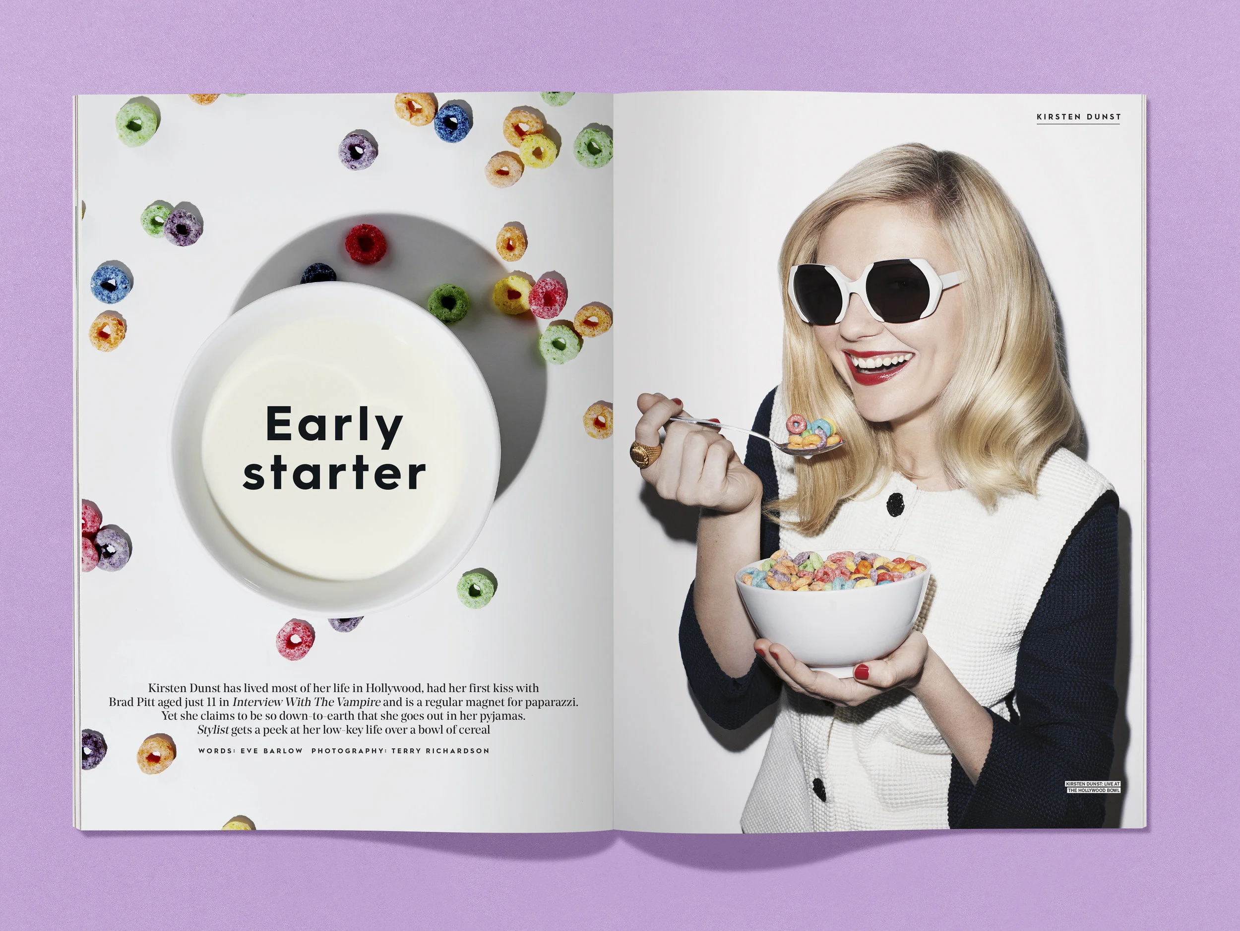 Scattered fruit loops shot with a bowl of milk to echo the bowl of cereal Kirsten Dunst's eating.