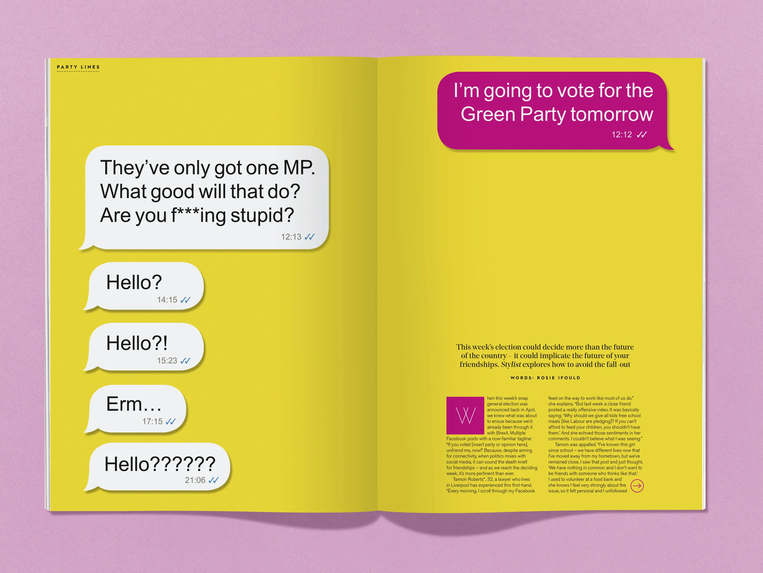 Phone message graphics to illustrate a feature on politics dividing freindships.