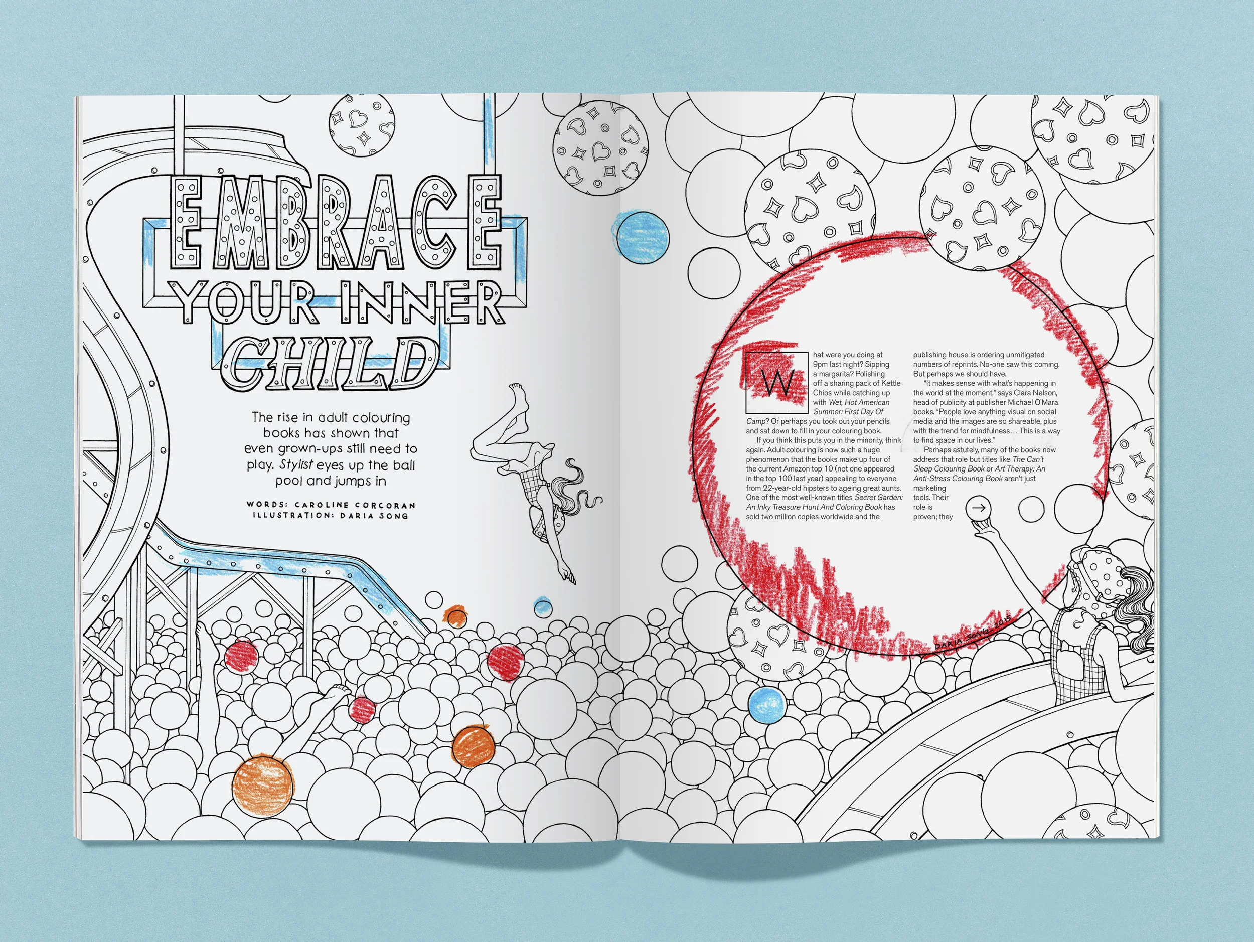 Tapping into the craze for adult colouring books and embracing our inner child with this illustration by Daria Song.