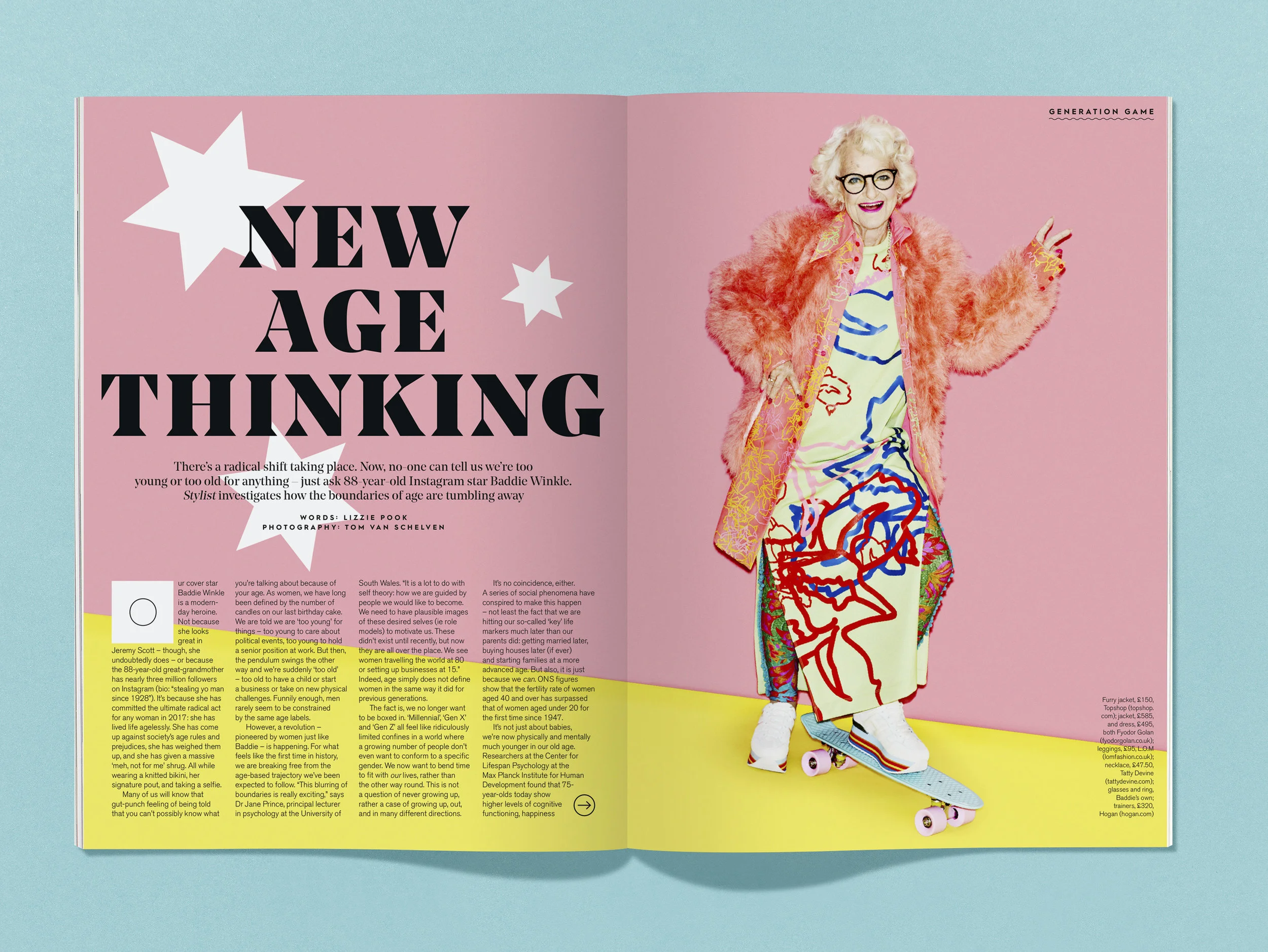 Baddie Winkle shot by Tom van Schelven for a feature on age boundaries. New age starry typography.